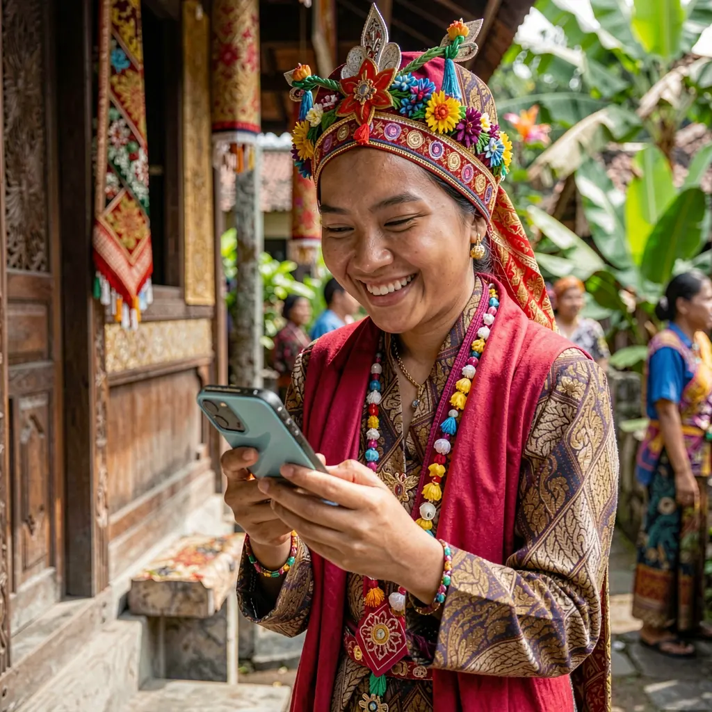 RKGG App – A joyful and user friendly mobile casino experience for Indonesian players Stylish Indonesian woman in traditional attire enjoying the RKGG casino app on her smartphone with a bright and joyful smile