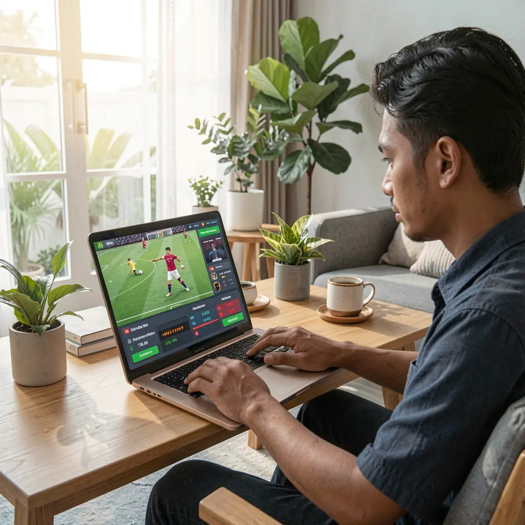 RKGG Bet – Analyze live sports odds and place smart bets in Indonesia Dedicated Indonesian sports bettor analyzing live soccer odds on a laptop through the RKGG betting platform in a bright and casual home environment