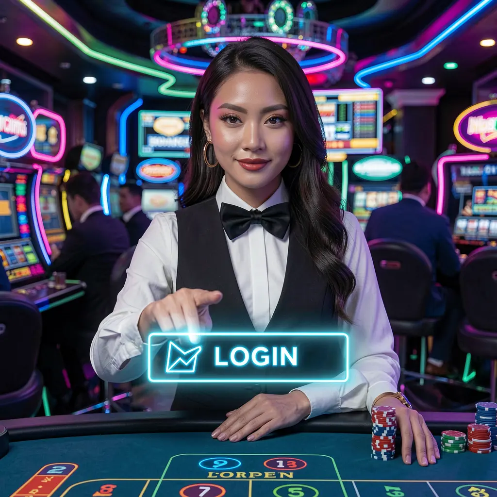 RKGG Login – Fast and smooth account access for Indonesian players Confident Indonesian casino dealer pointing at a glowing login button inside a futuristic RKGG gaming environment
