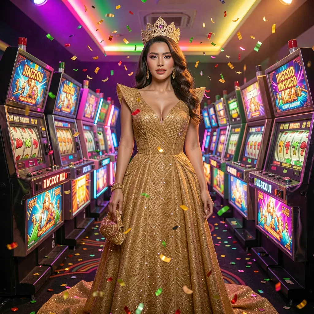RKGG – Discover a premium slot gaming atmosphere made for Indonesian players Elegant female player in a luxury golden outfit standing between shining slot machines at RKGG casino showcasing premium gaming atmosphere for Indonesia
